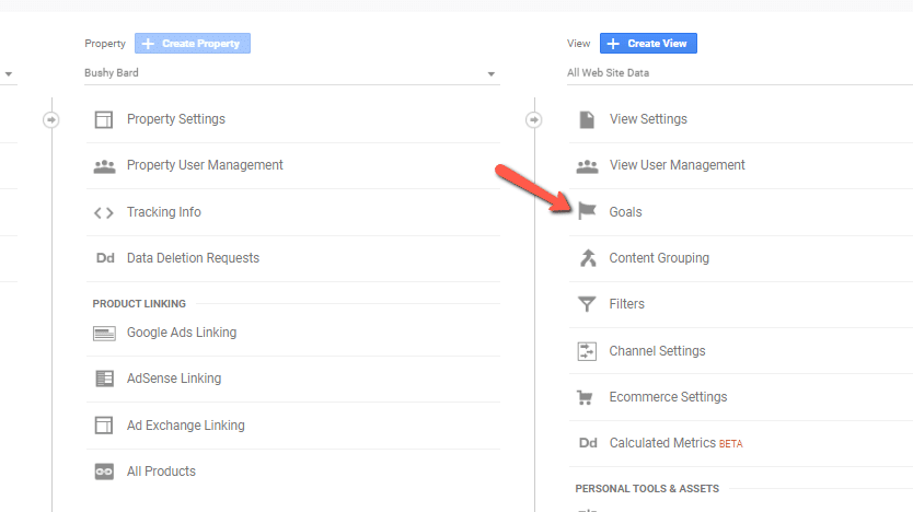 GA Goals in the Admin Settings